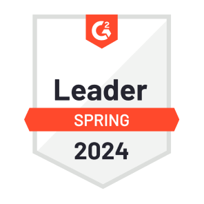 A red and white graphic of G2’s “Leader” badge that Dashlane was awarded in spring 2024