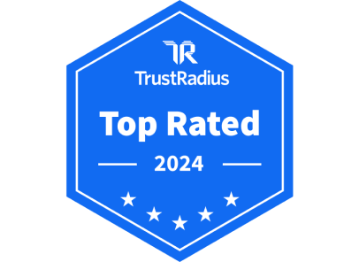 A blue and white graphic of TrustRadius’s “Top Rated” badge that Dashlane received in 2024