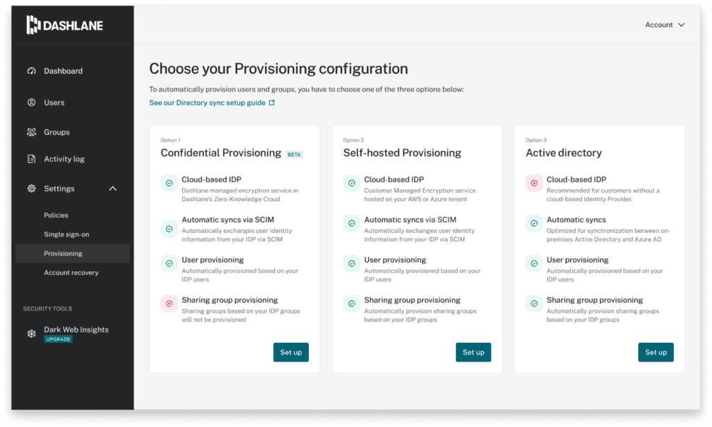 A page that prompts the admin to choose between Confidential Provisioning, Self-hosted Provisioning, or Active Directory. 
