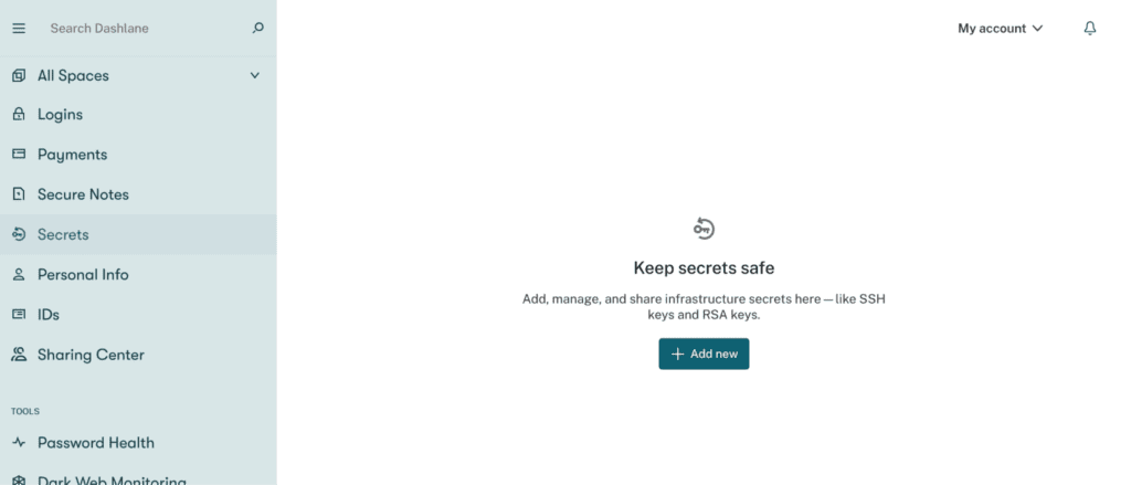 The Secrets vault in the Dashlane product. The product text reads, “Keep secrets safe. Add, manage, and share infrastructure secrets here—like SSH keys and RSA keys.” A button with a plus sign says “Add new.”