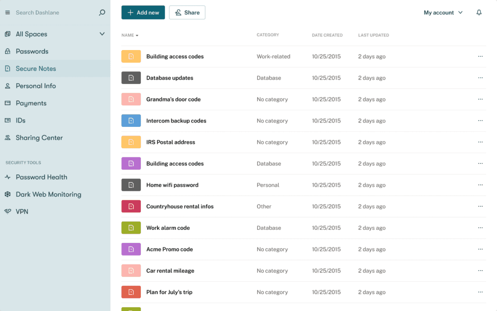 A screenshot of the secure notes feature in the Dashlane web app.