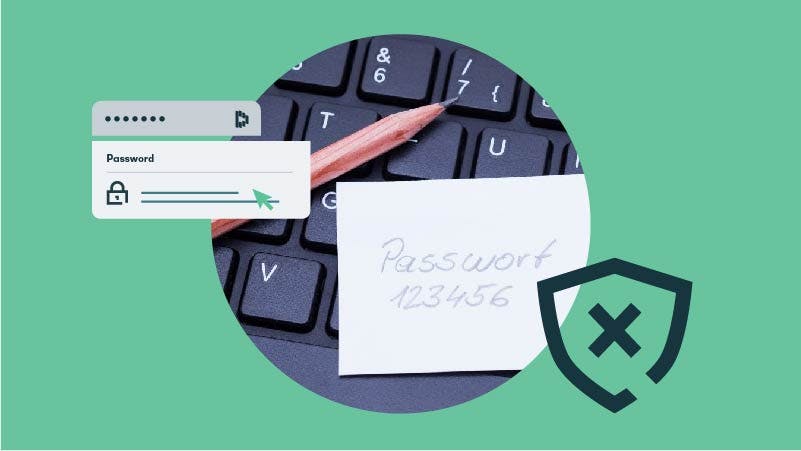 Darstellung einer Tastatur mit einem schwachen Passwort, das neben einem Stift auf ein Stück Papier geschrieben ist