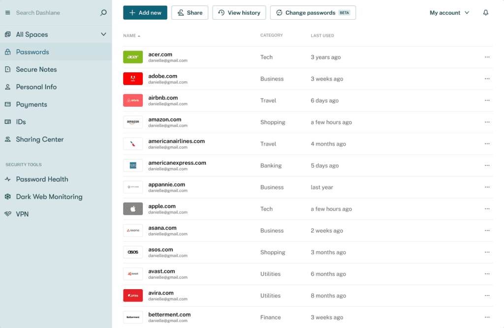 Screenshot of the password vault in the Dashlane browser extension app on desktop.