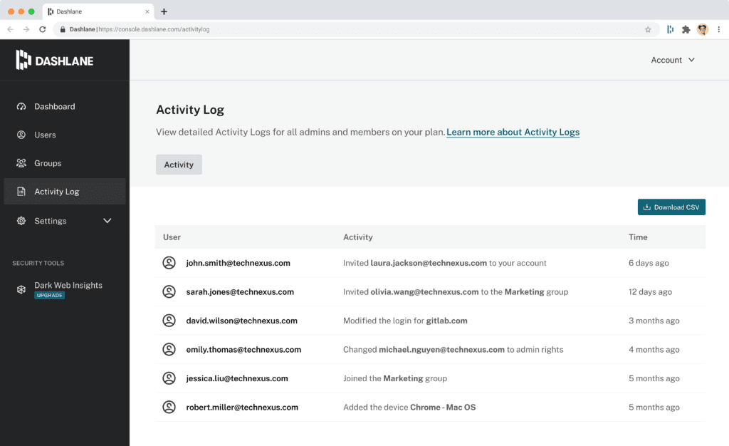 A screenshot of an Activity Log in the Admin Console in Dashlane.