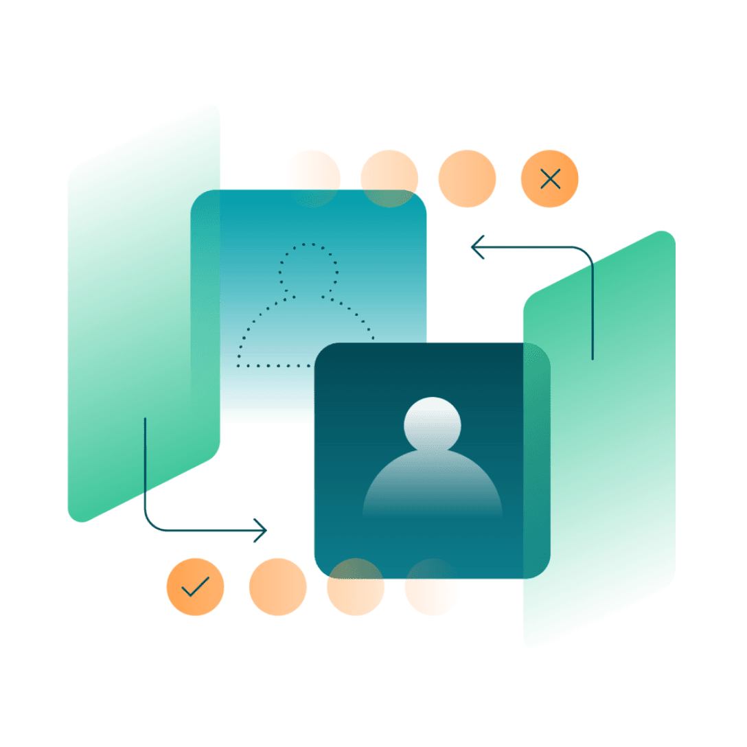 Graphical depiction of end to end encryption between users with geometrical elements surrounding