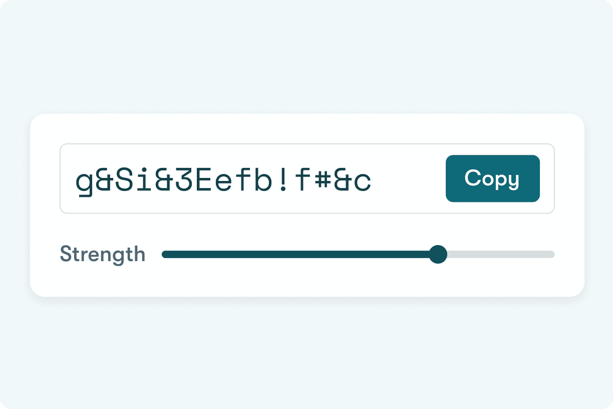 Example of the password generator in action with sample password and strength indicator and option to copy the password created