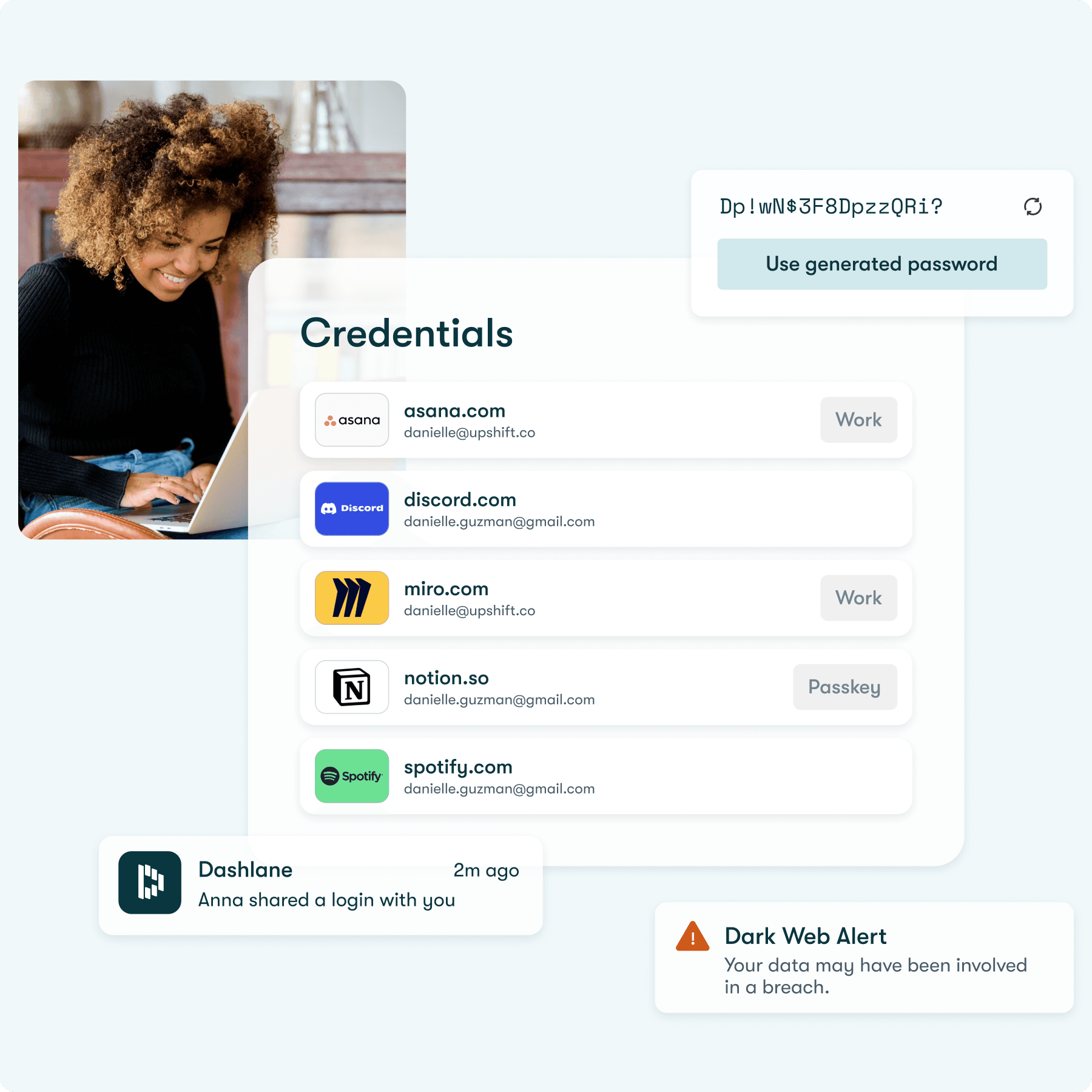Collage image of woman on laptop overlaid with screenshots of Dashlane user interface and available features