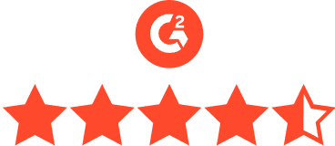 A red and white graphic of Dashlane’s G2 rating. 5 stars appear below the circular red and white G2 logo, and 4.5 stars are 