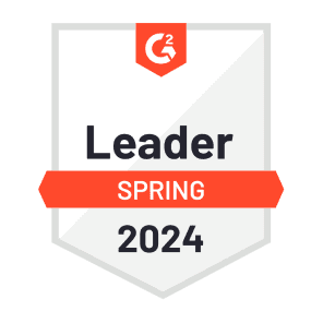 A red and white graphic of G2’s “Leader” badge that Dashlane was awarded in spring 2024