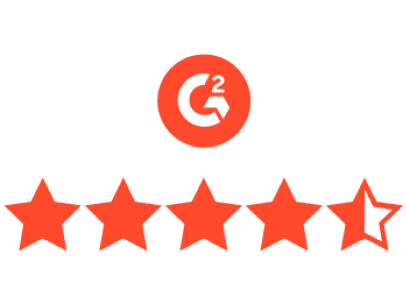 A red and white graphic of Dashlane’s G2 rating. 5 stars appear below the G2 logo, and 4.5 stars are filled in to show Dashlane’s 4.5-star rating