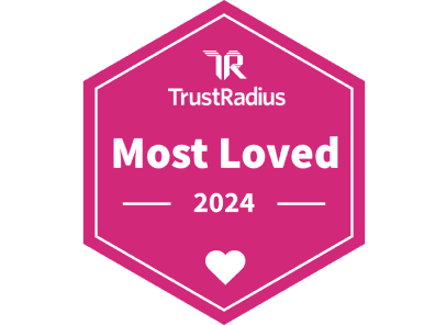 A pink and white graphic of TrustRadius’s “Most Loved” award that Dashlane received in 2024