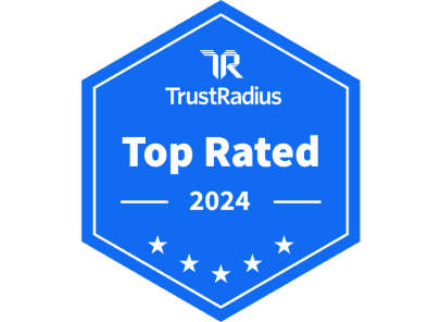 A blue and white graphic of TrustRadius’s “Top Rated” badge that Dashlane received in 2024