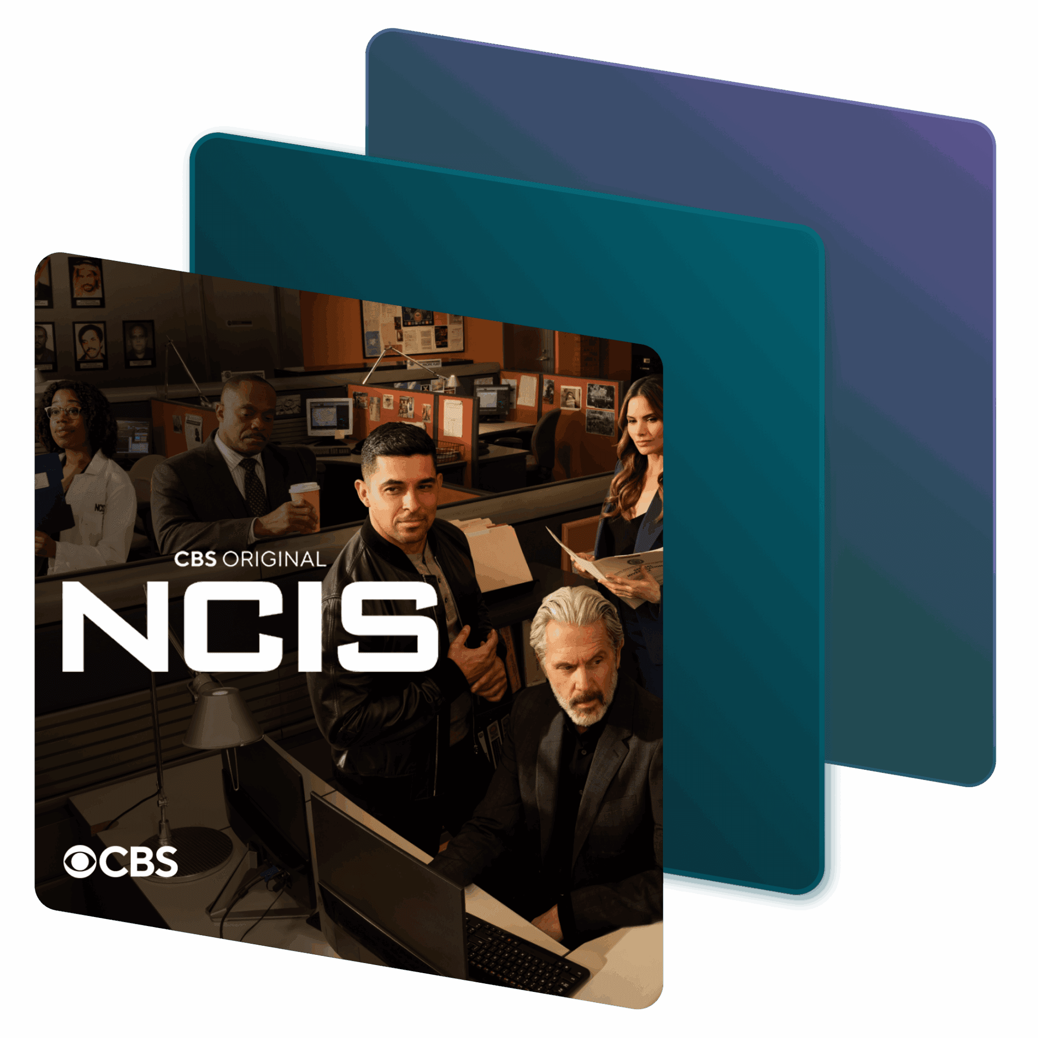 Characters from the 2025 CBS original television show NCIS in a Dashlane-branded frame.