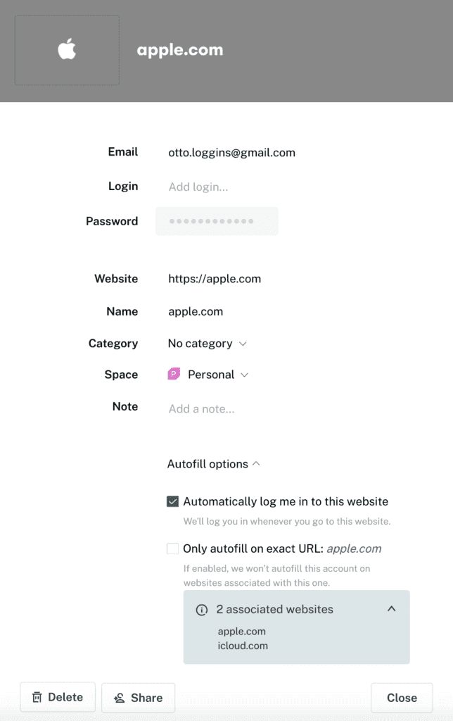 First screenshot showing how to see associated credentials in the Dashlane app.