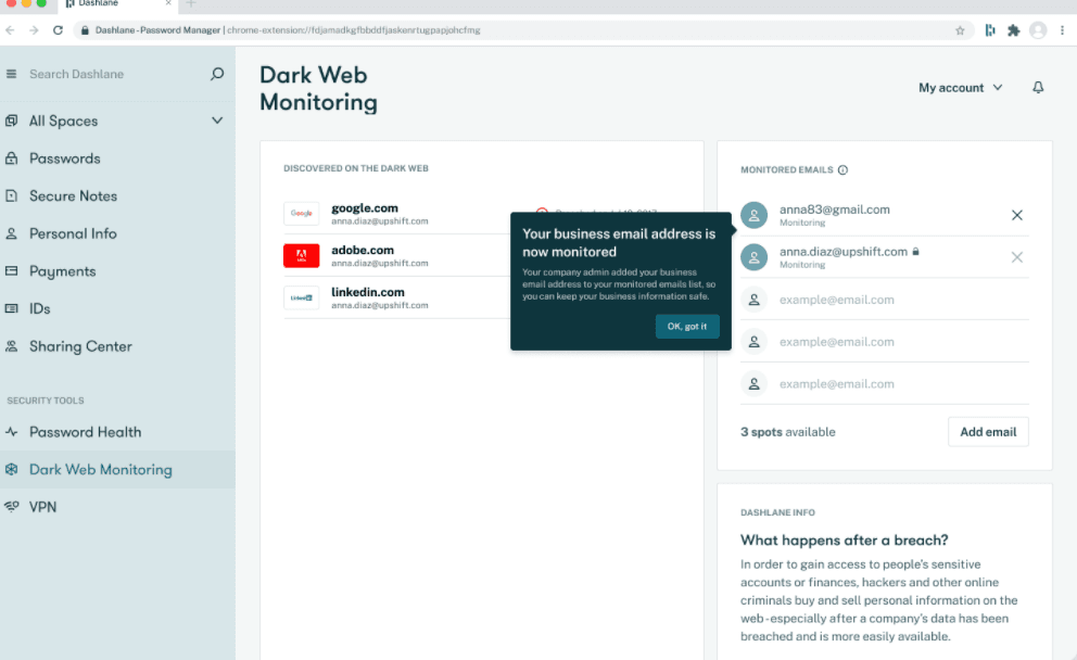 Capture d’écran du tableau de bord Surveillance du dark Web de Dashlane pour les employés.  