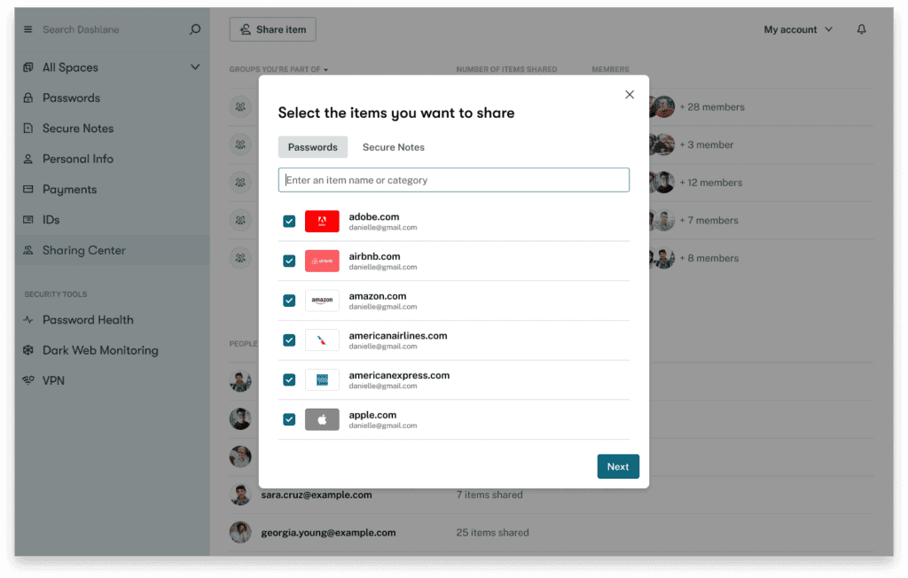 Screenshot des Dashlane-Portals für sicheres Teilen in der Web-Erweiterung.