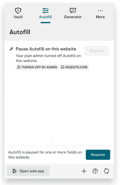A screenshot of the Autofill tab in the Dashlane extension showing the option to pause Autofill on this website. The “Resume” button is unselectable, and below it, there’s a lock icon with text that says “Turned off by Admin,” as well as a place to show the website address.