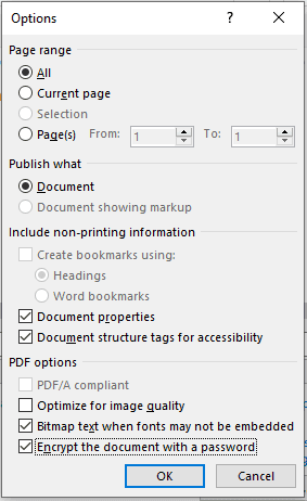 A pop-up box in Microsoft Word titled Options with the check box selected next to, “Encrypt the document with a password.”