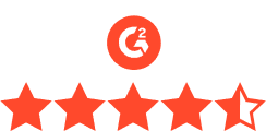 A red and white graphic of Dashlane’s G2 rating. 5 stars appear below the circular red and white G2 logo, and 4.5 stars are filled in to show Dashlane’s 4.5-star rating.