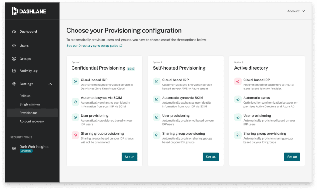 Eine Seite, die den Admin auffordert, zwischen Confidential Provisioning, selbst gehostetem Provisioning oder Active Directory zu wählen. 