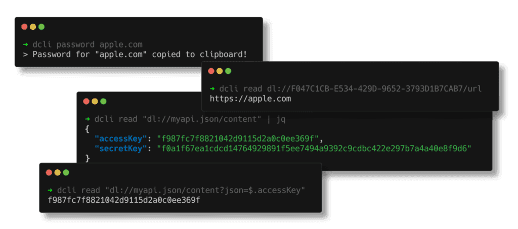 A black screen with examples of Dashlane’s CLI commands and output in gray, white, blue, and green.