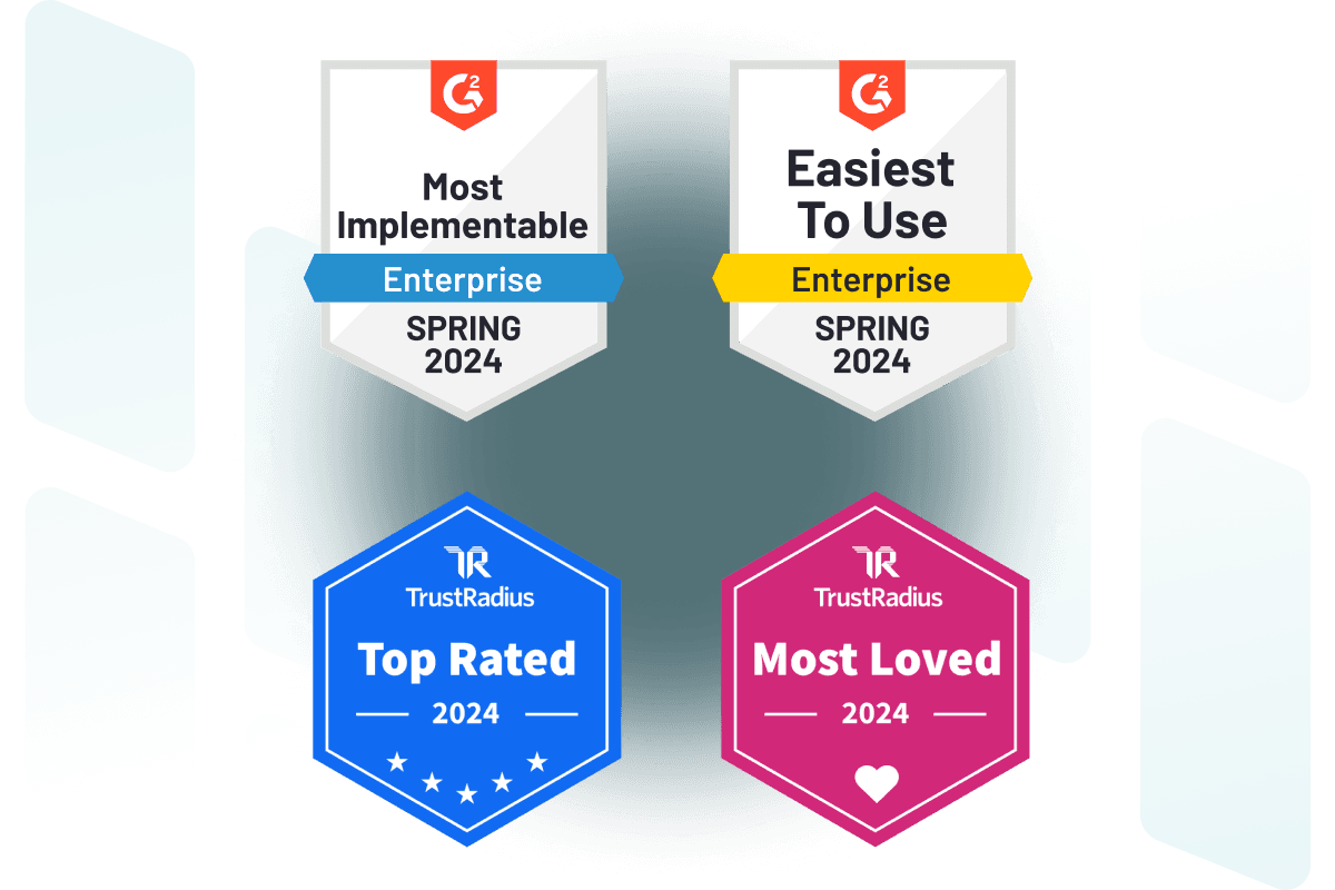 This image shows four of Dashlane’s password manager accolades: G2’s “Most Implementable - Enterprise” Spring 2024; G2’s “Easiest To Use - Enterprise” Spring 2024; TrustRadius’s Top Rated 2024; and TrustRadius’s Most Loved 2024.