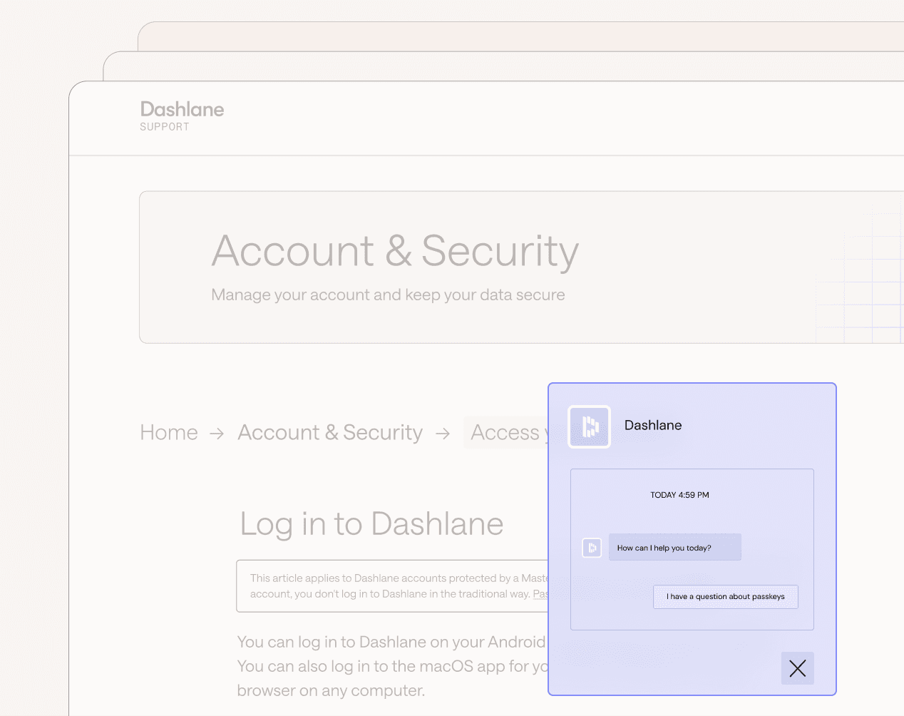 An illustration of the Dashlane chatbot with an illustration of the Dashlane Help Center in the background.
