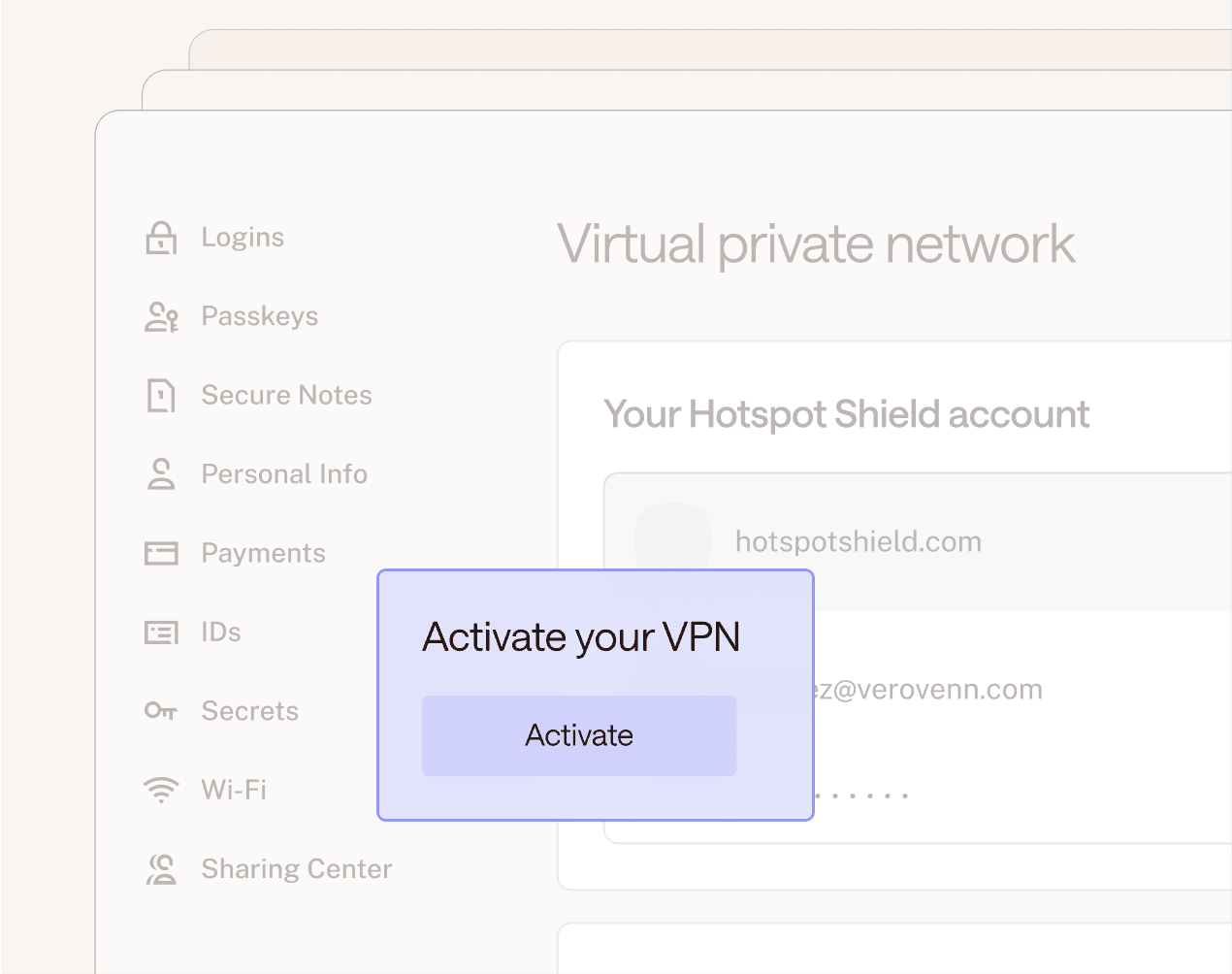 An illustration of a VPN activation pop-up with an illustration of a Dashlane vault in the background.