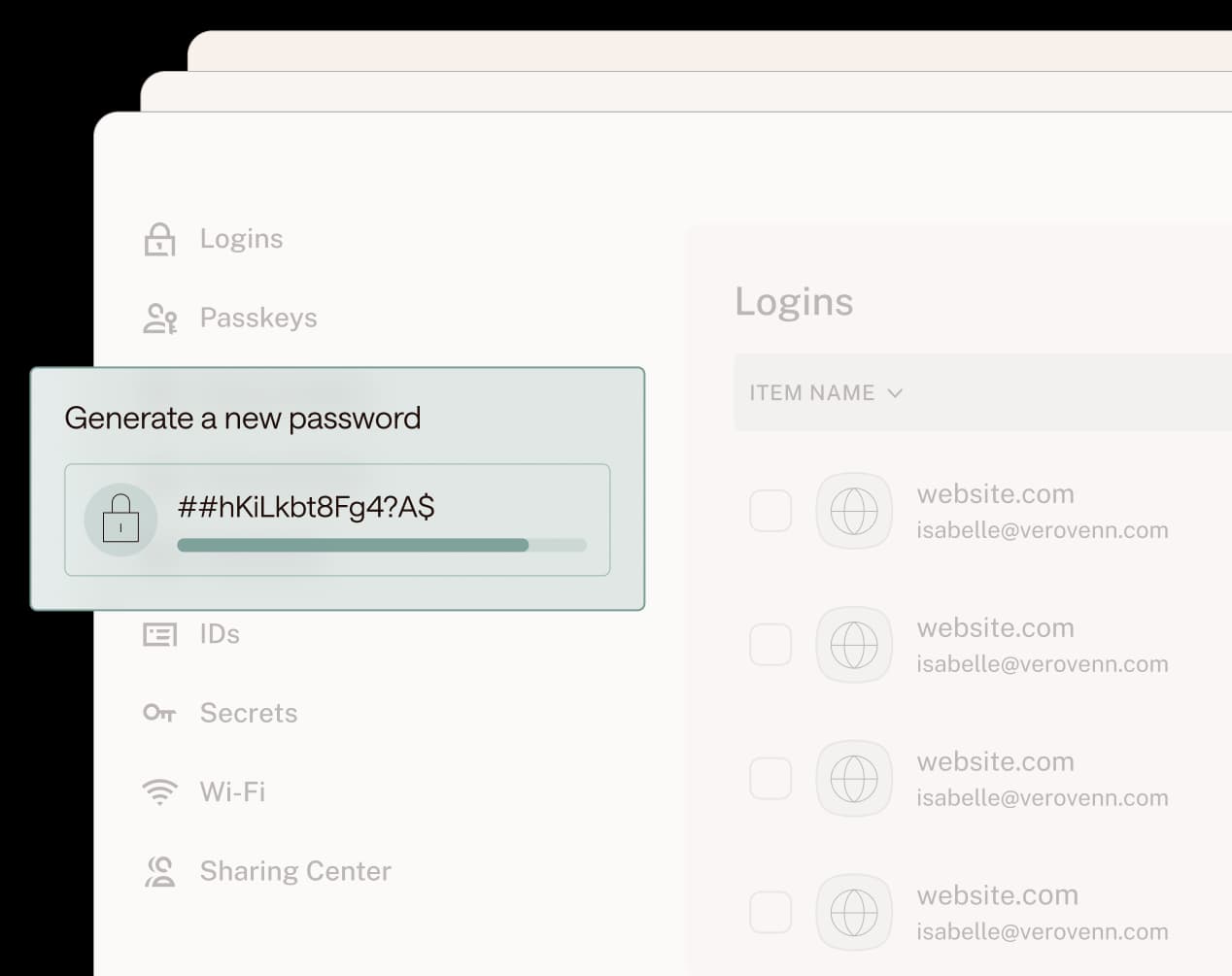 Illustration of personal password management vault and Dashlane’s secure, built-in password generator.