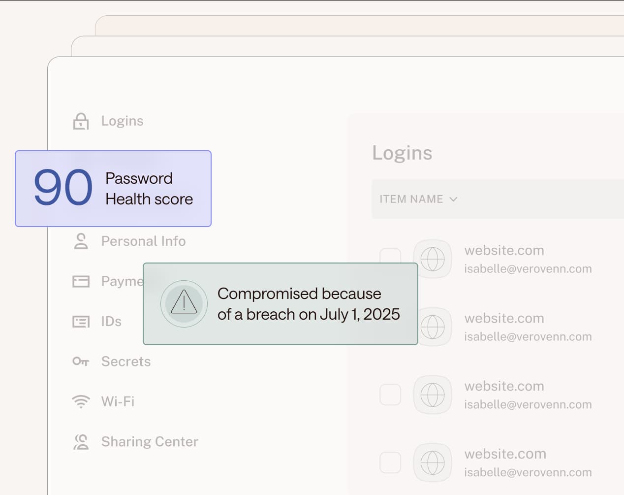 Illustration of personal password management vault and Dashlane’s Password Health score feature.