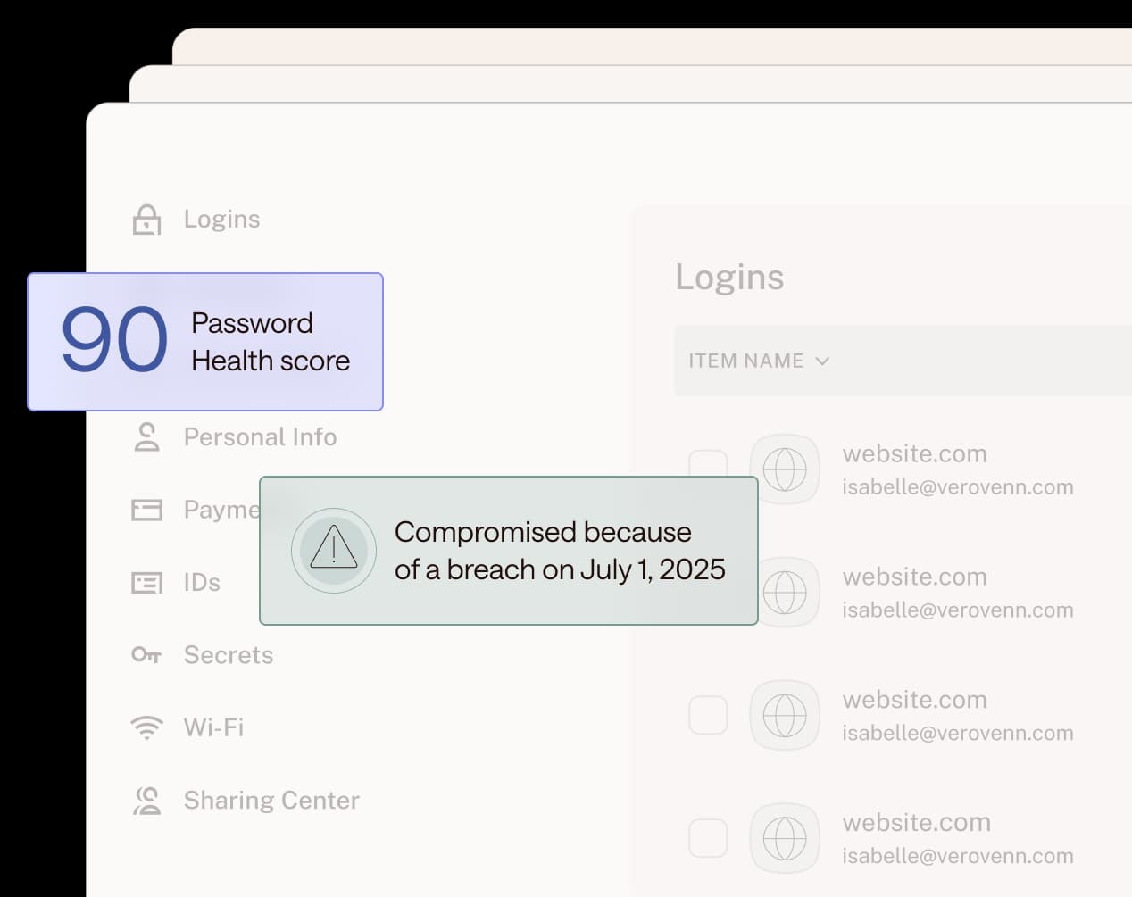 Illustration of personal password management vault and Dashlane’s Password Health score feature.