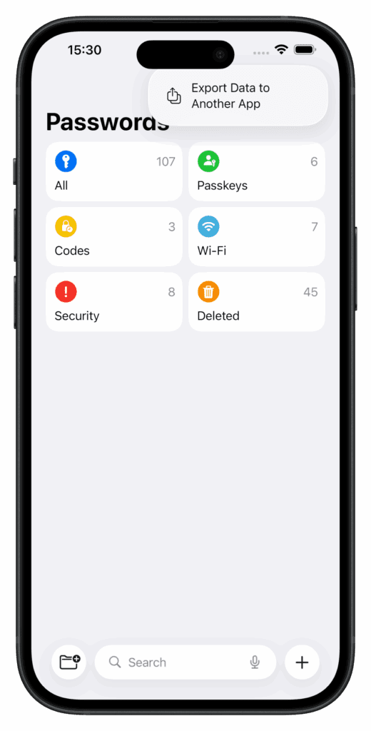 A screenshot of the mobile Apple Passwords app shows the app’s homescreen with a small bubble at the top that says “Export Data to Another App.”