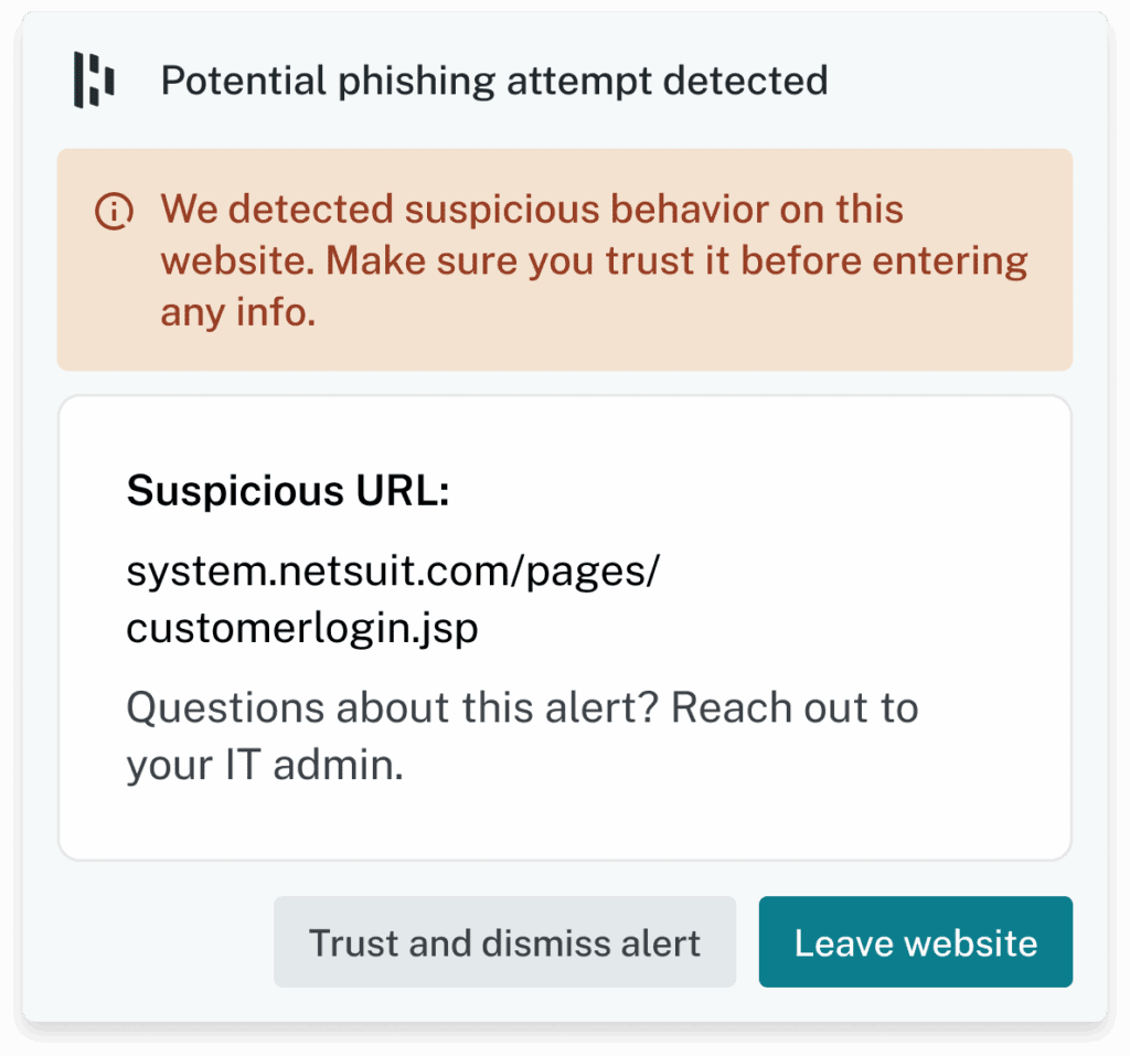 A screenshot of a Dashlane AI phishing alert shows a pop-up labeled "Potential phishing attempt detected." The suspicious URL is listed, followed by a "Trust and dismiss alert" button and a "Leave website" button.