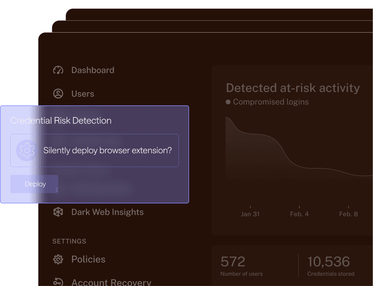 This image shows how Dashlane is deployed company-wide for risk detection in and out of the vault.