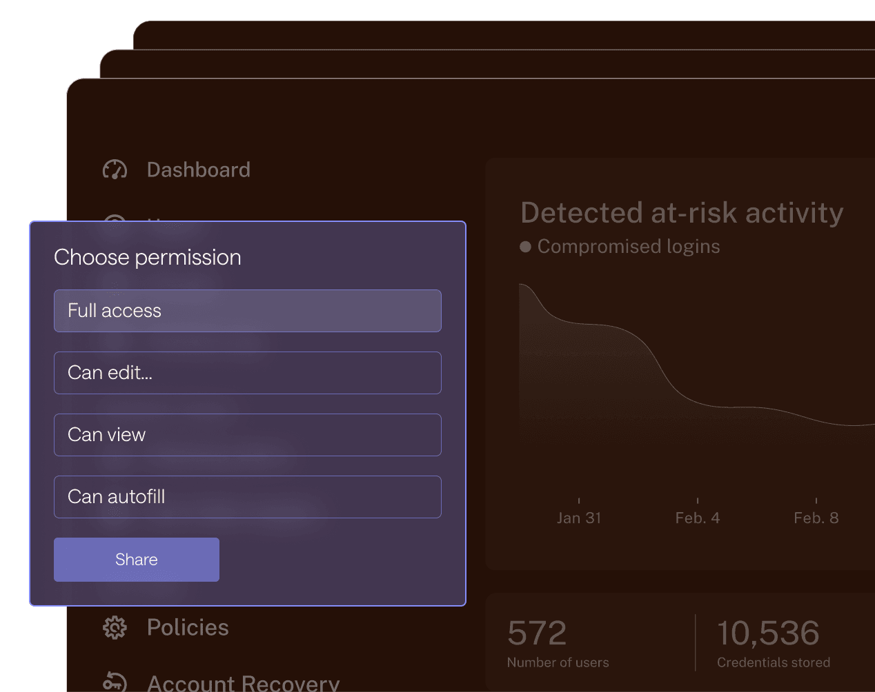 Dashlane Admin Console imagery showing role-based access controls and capabilities.