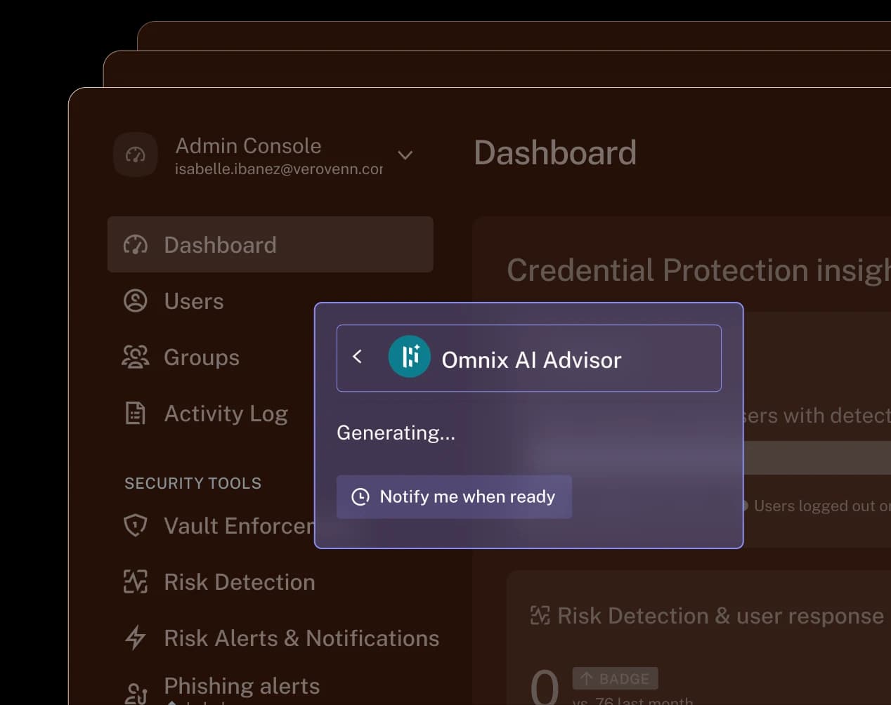 Omnix AI Advisor pop-up modal within the Dashlane Admin Console dashboard.