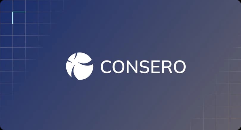 Consero Global company logo centered on a dark blue grid background.