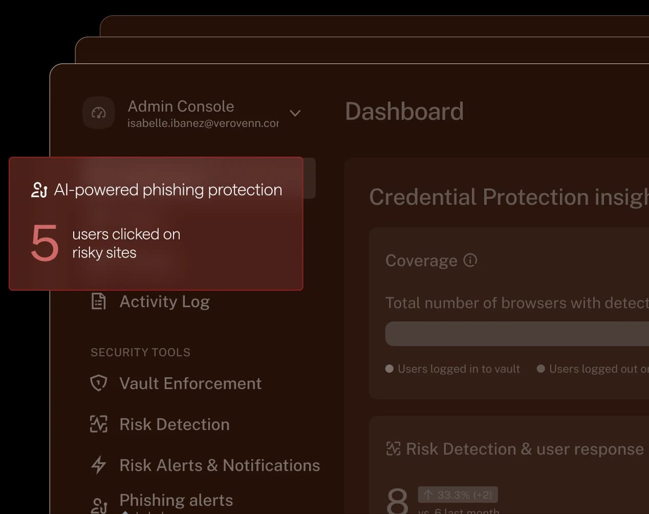 Dashlane Admin Console dashboard featuring an AI-powered phishing protection pop-up reading: "5 users clicked on risky sites."