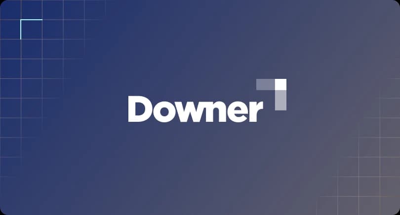 Downer company logo centered on a dark blue grid background.