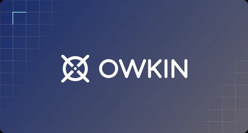 Owkin company logo centered on a dark blue grid background.