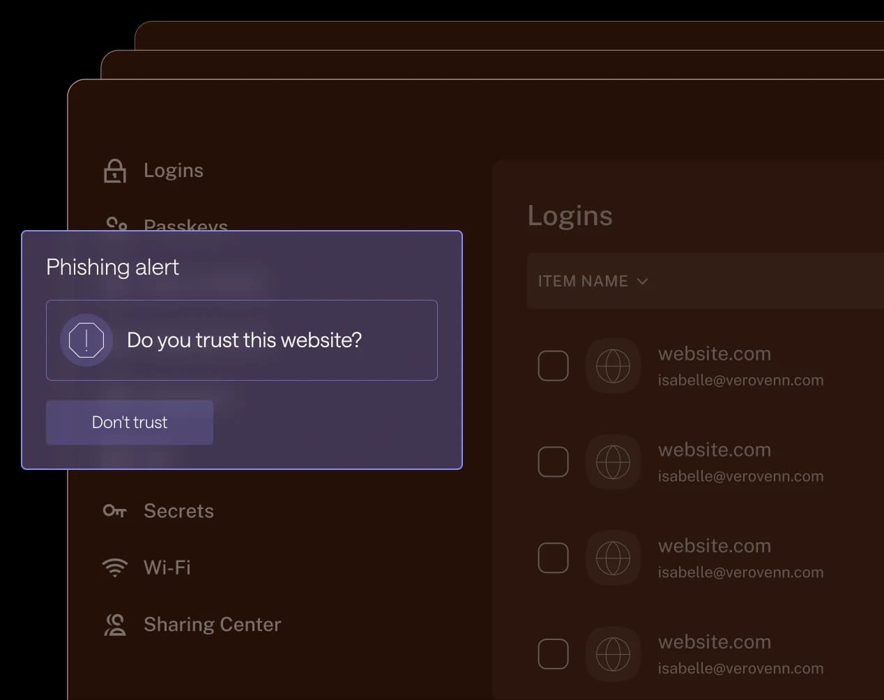 Dashlane Phishing Alert pop-up window over the main application interface.
