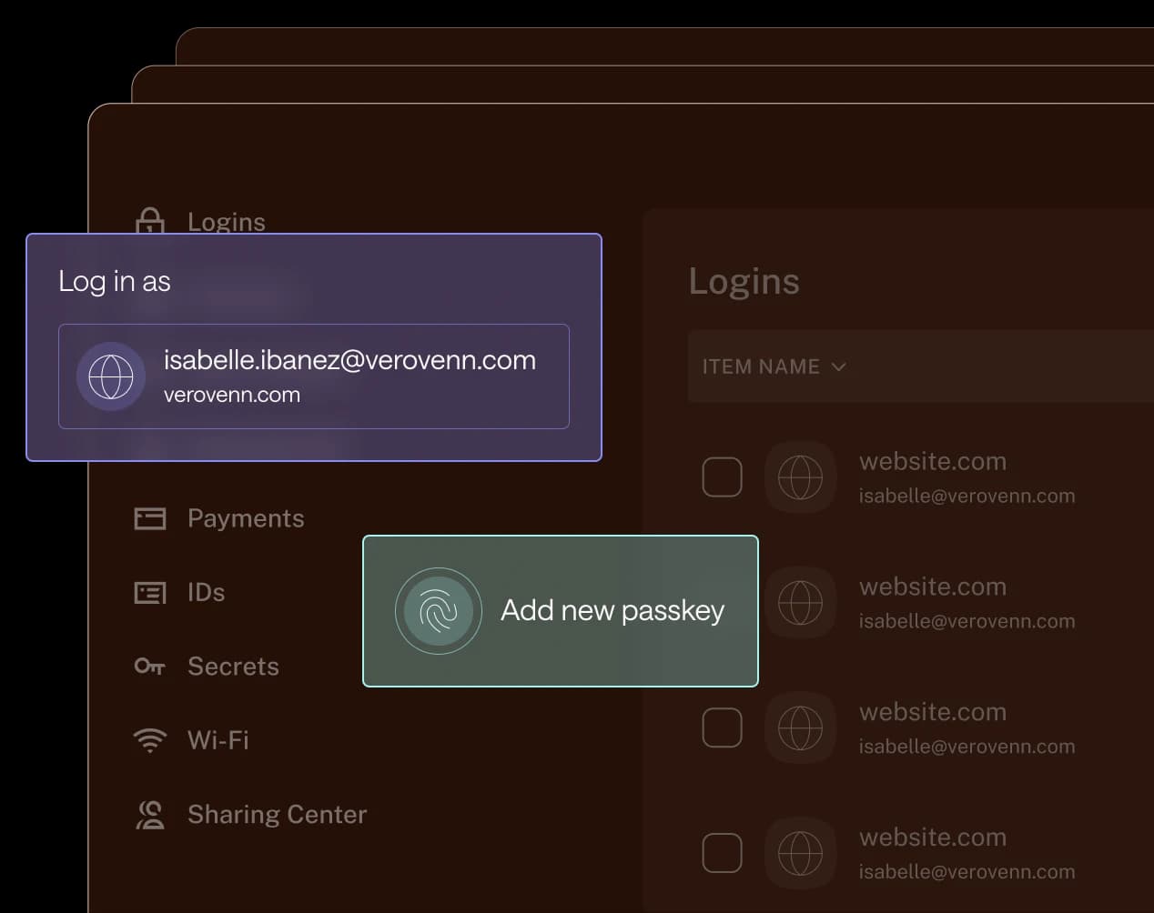 Dashlane UI pop-ups for account login and adding a new passkey.