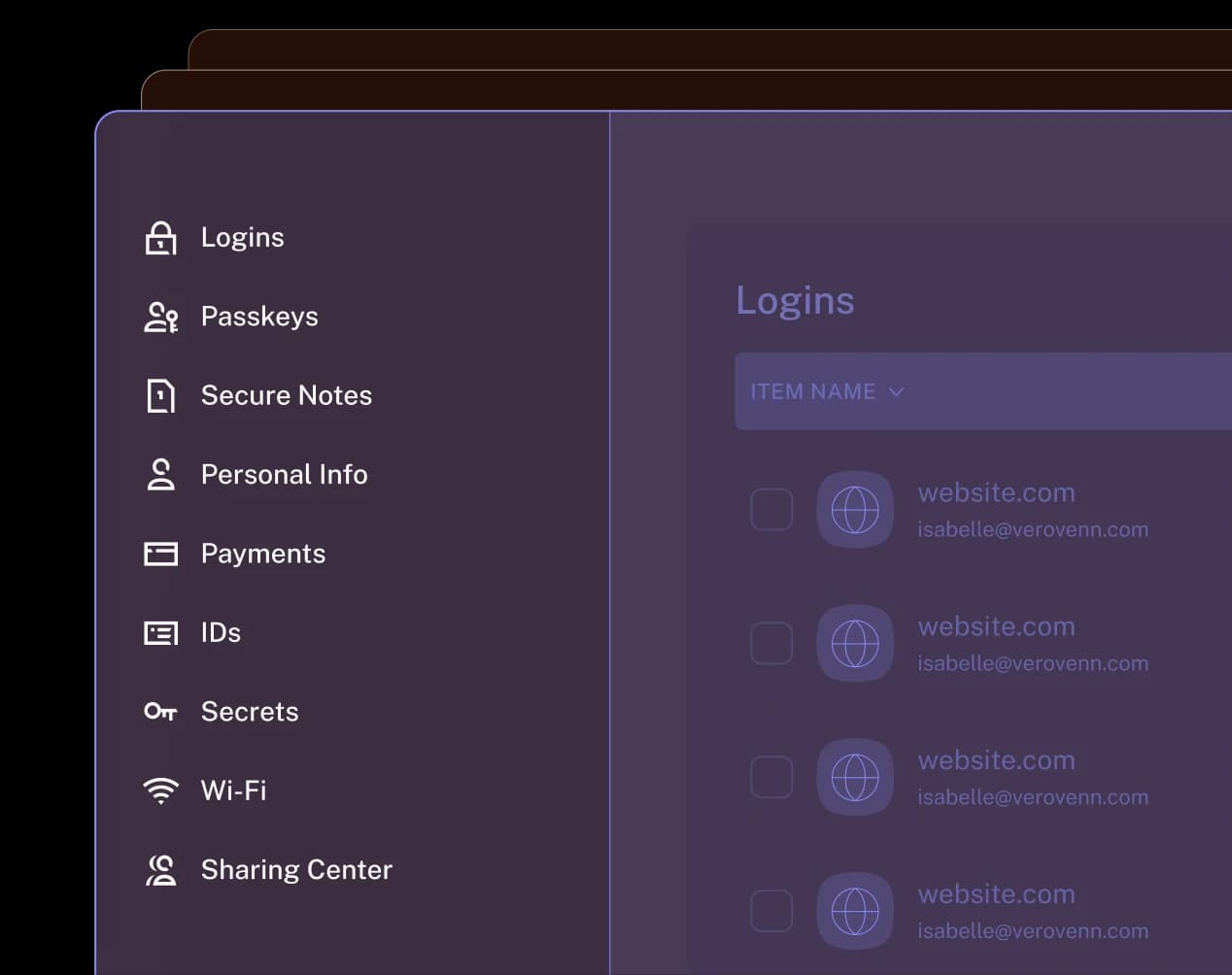 Dashlane secure vault UI showing categories for logins, passkeys, and secure notes.