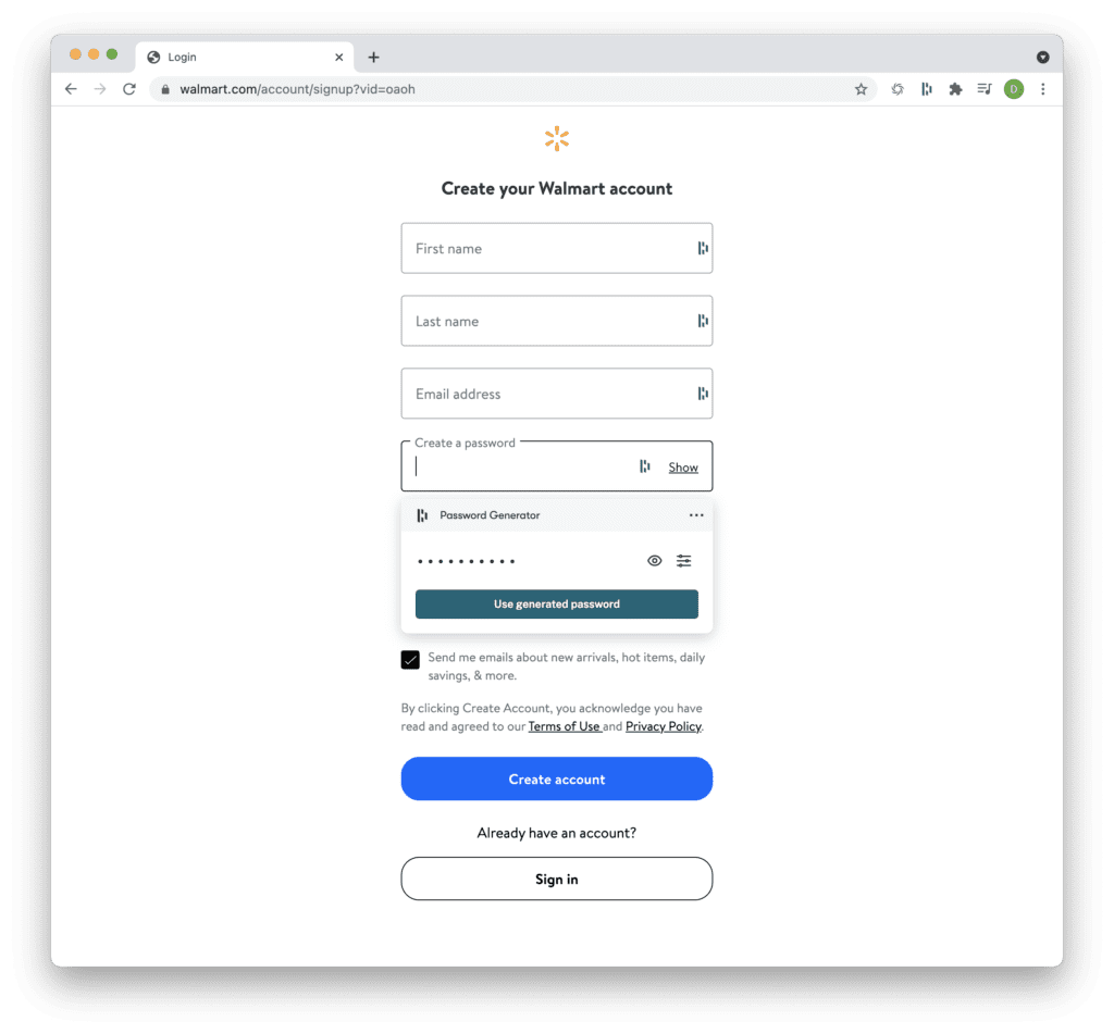 walmart login webpage