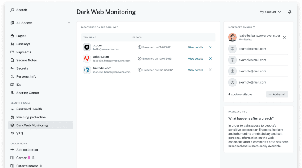 A screenshot shows the Dark Web Monitoring screen in Dashlane for a personal user. There are three breaches listed with "View details" beside it. There's also a list of the monitored emails on the right.