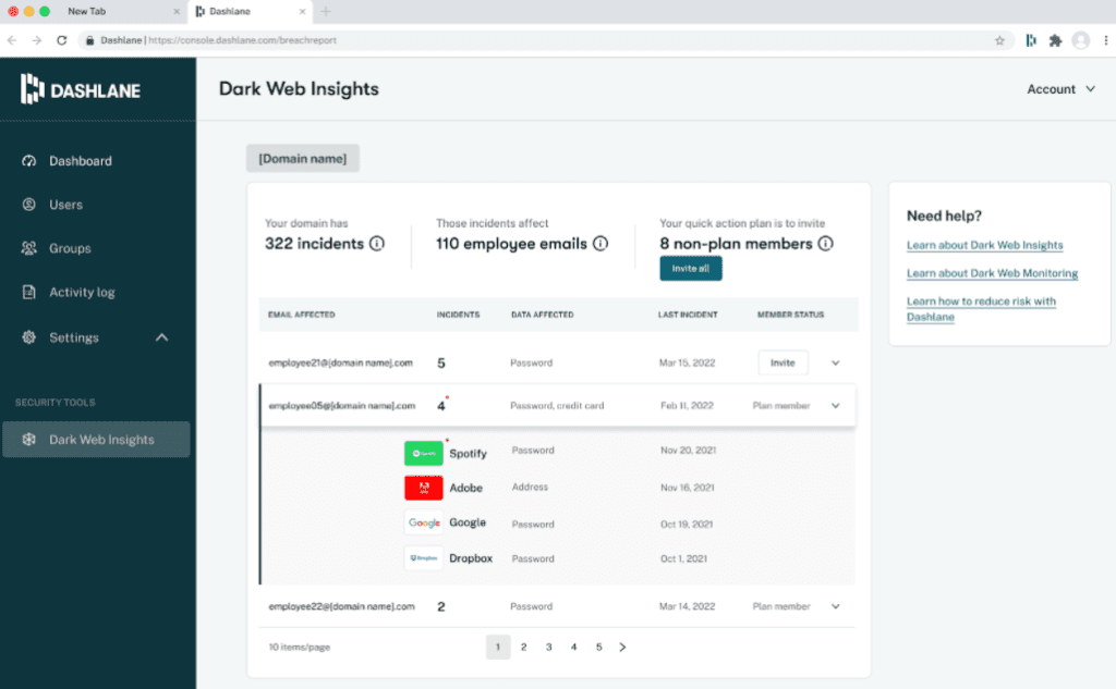 Capture d’écran du tableau de bord Surveillance du dark Web de Dashlane pour les administrateurs.  