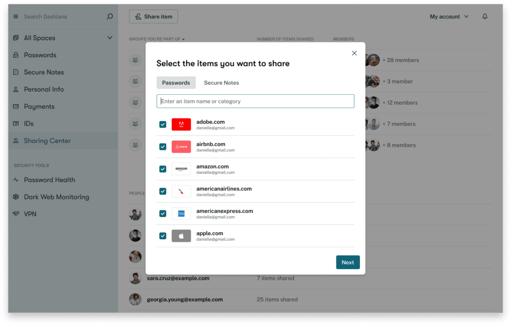 A screenshot of Dashlane’s secure sharing portal in the web extension.