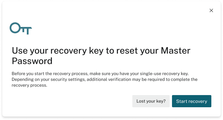 Captura de pantalla de una ventana de diálogo de clave de recuperación. El texto dice: «Use su clave de recuperación para restablecer su contraseña maestra. Antes de comenzar el proceso de recuperación, asegúrese de tener su clave de recuperación de un solo uso. Dependiendo de sus opciones de seguridad, puede ser necesaria una verificación adicional para completar el proceso de recuperación». También hay dos botones: el botón de la izquierda dice «¿Perdió su clave?» y el botón derecho dice «Iniciar recuperación».