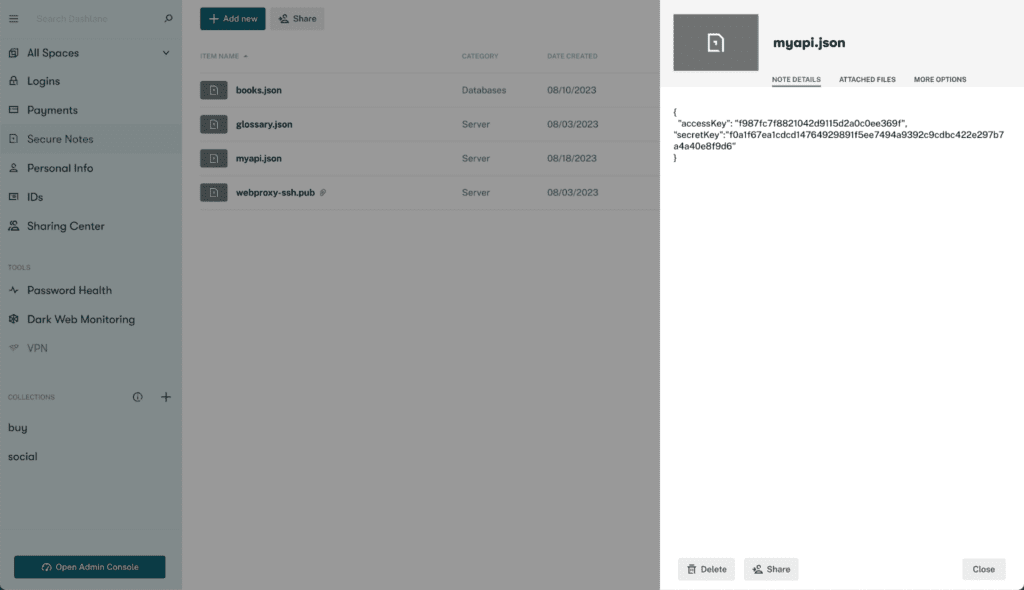 Almacenar secretos de claves de API en una nota segura con la extensión web de Dashlane.