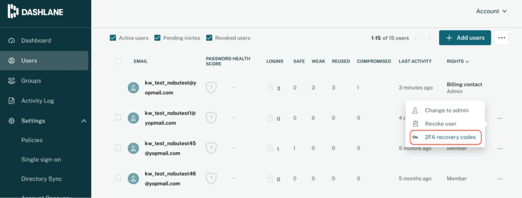 A screenshot of the Dashlane Admin Console showing a list with “2FA recovery codes” circled in red.
